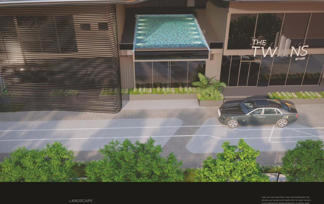 Manicured landscape, water features and green expanses at The Twins